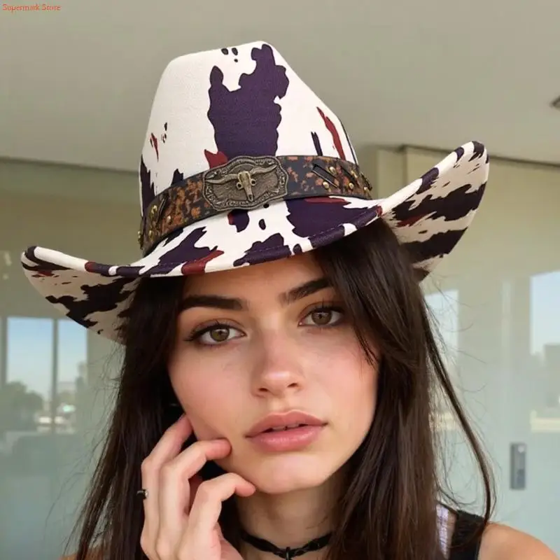 Q5WE Western Cowboy Hats with Adjustable Size and Cow for Outdoor Ridings Special Event Dressingup Headwear