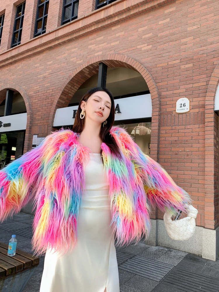 Original Design Female Fashion Pink Colorful Faux Fur Coat Lady Shaggy Outerwear Women\'s Short Jacket Factory Direct Sales