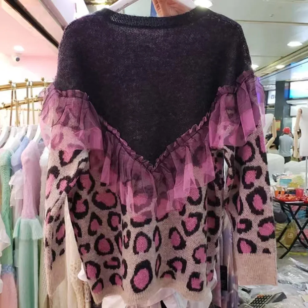 Elegante pullover con stampa leopardata Top in maglia da donna Maglioni patchwork in maglia di colore a contrasto Autunno allentato Mujer Maglioni сislavт