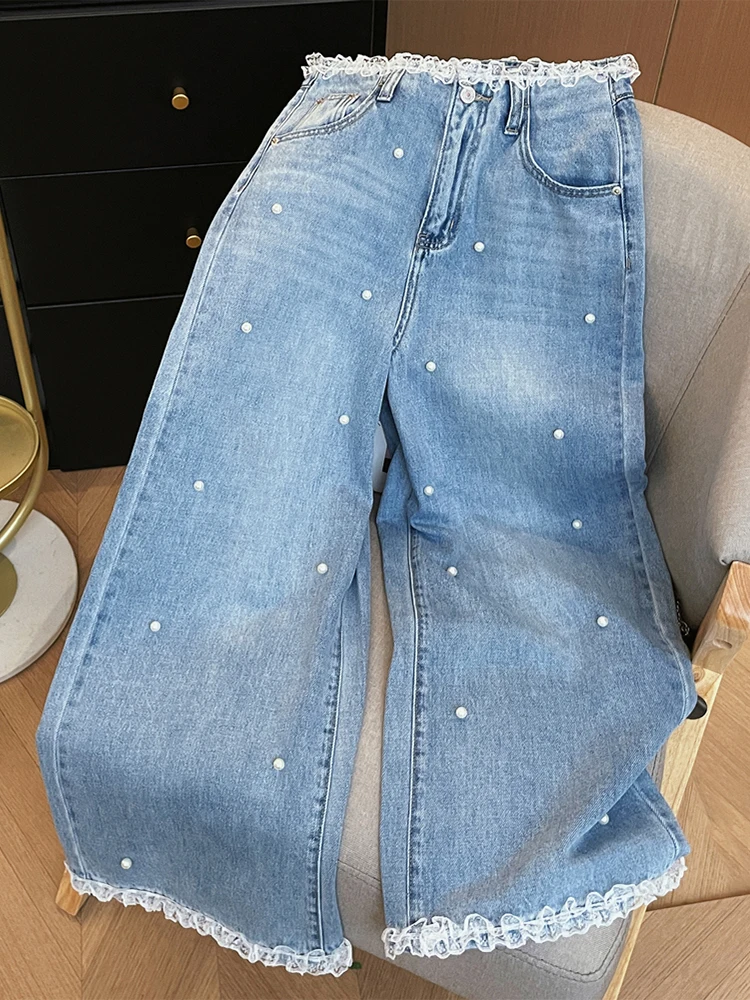 

Retro Washed Diamond-encrusted Jeans Women's Spring Design Sense High-waisted Straight-leg Pants Loose Wide-leg Mopping Pants
