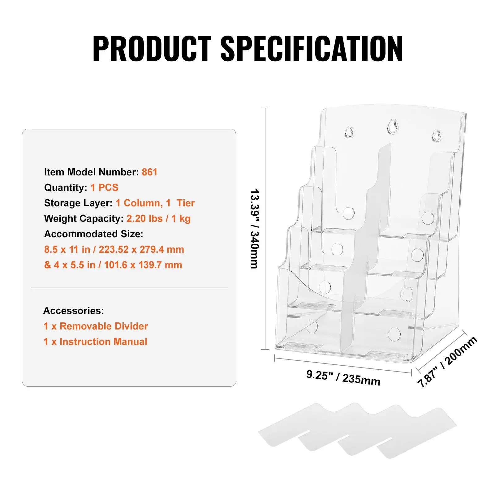 Acrylic Brochure Holder 8.5 x 11 inch, 4-Tier Clear Acrylic Literature Display Stand, Plastic Literature Organizer Flyer Stand & Removable Divider for Office Exhibition, Countertop or Wall Mount