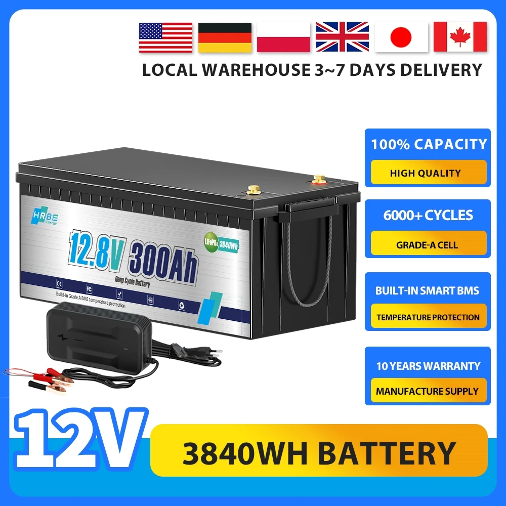 

12V 300Ah LiFePO4 Lithium Battery 6000+ Deep Cycle with charger,Ideal for RV,Solar System,Marine,Golf Cart,Off-Grid Applications