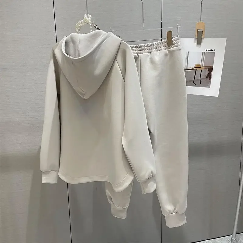 Conjunto de ropa deportiva informal para mujer, suéter con capucha de pierna ancha, moda gris, primavera y otoño, 2023