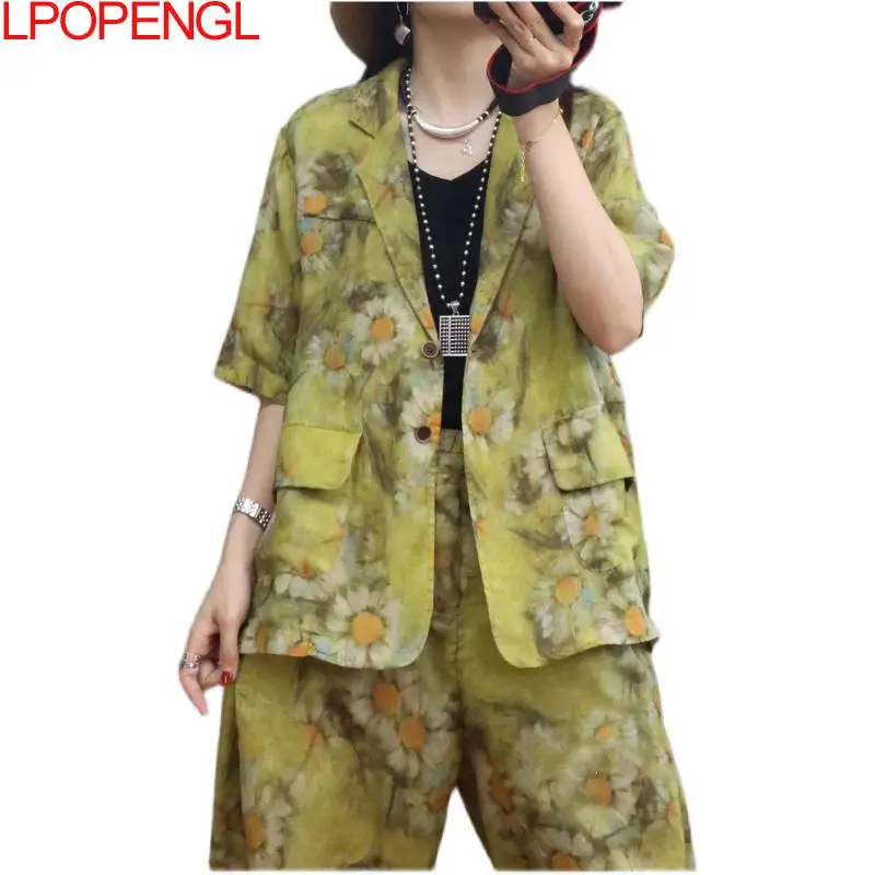 Spring And Summer Women\'s Ethnic Style Suit Retro Cotton And Linen Printing Single Breasted Coat Calf-length Pants Two-piece Set