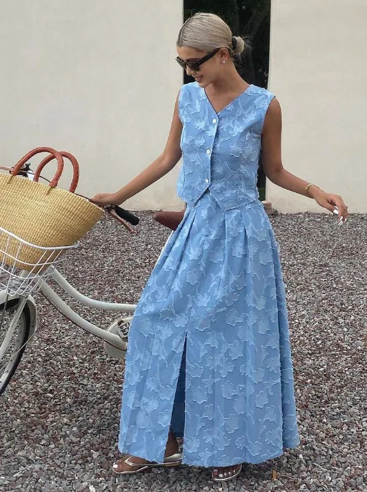 

2026 New Women's Fashion Elegant Tweed Two Piece Set Jacquard Vest Waistcoat High Waist Midi Skirt Set