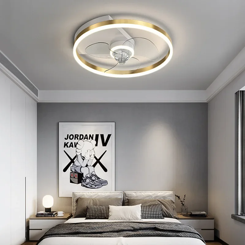 Modern Minimalist Gold Plating Brushed Round Ceiling Fan Lamp LED Three-tone Light Bedroom Acrylic Control FixtureDecor Lustre