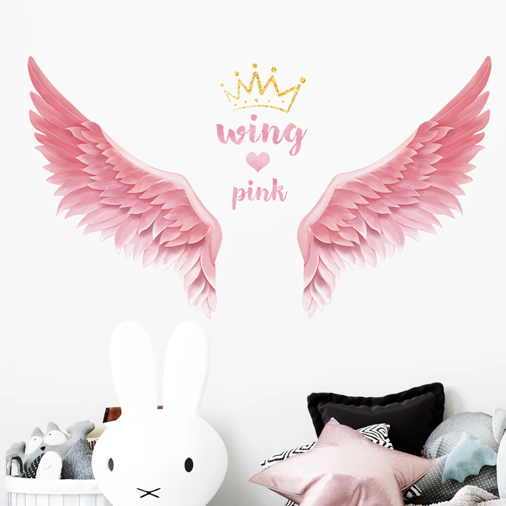 Pink Wings Crown Anime Wall Stickers For Kids Room Decoration Girl Room Decortion Wall Decor Bedroom Accessories Home Decor