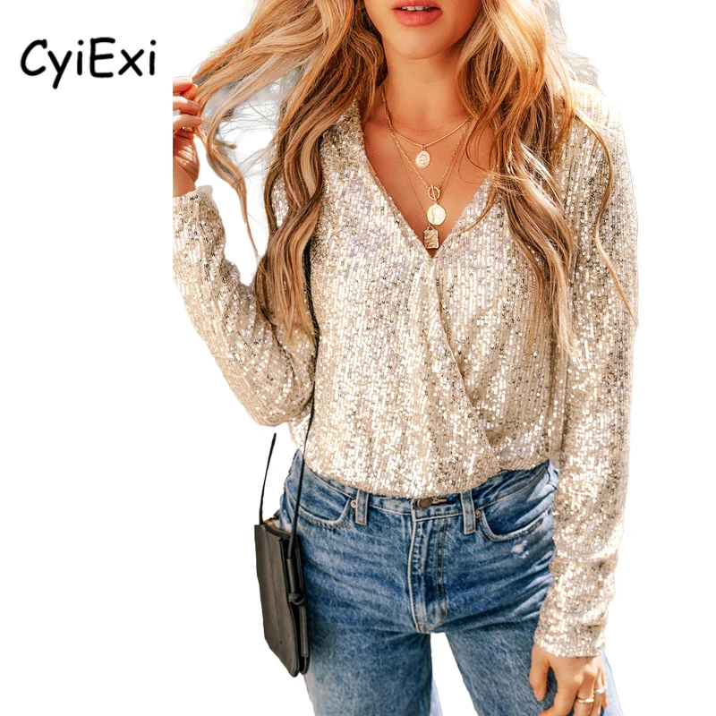 CyiExi Beige Sequin Sexy Bodysuit for Women Long Sleeve Wrap V Neck Bodycon Bodysuit Party Night Club Wear Female Body Tops S-XL