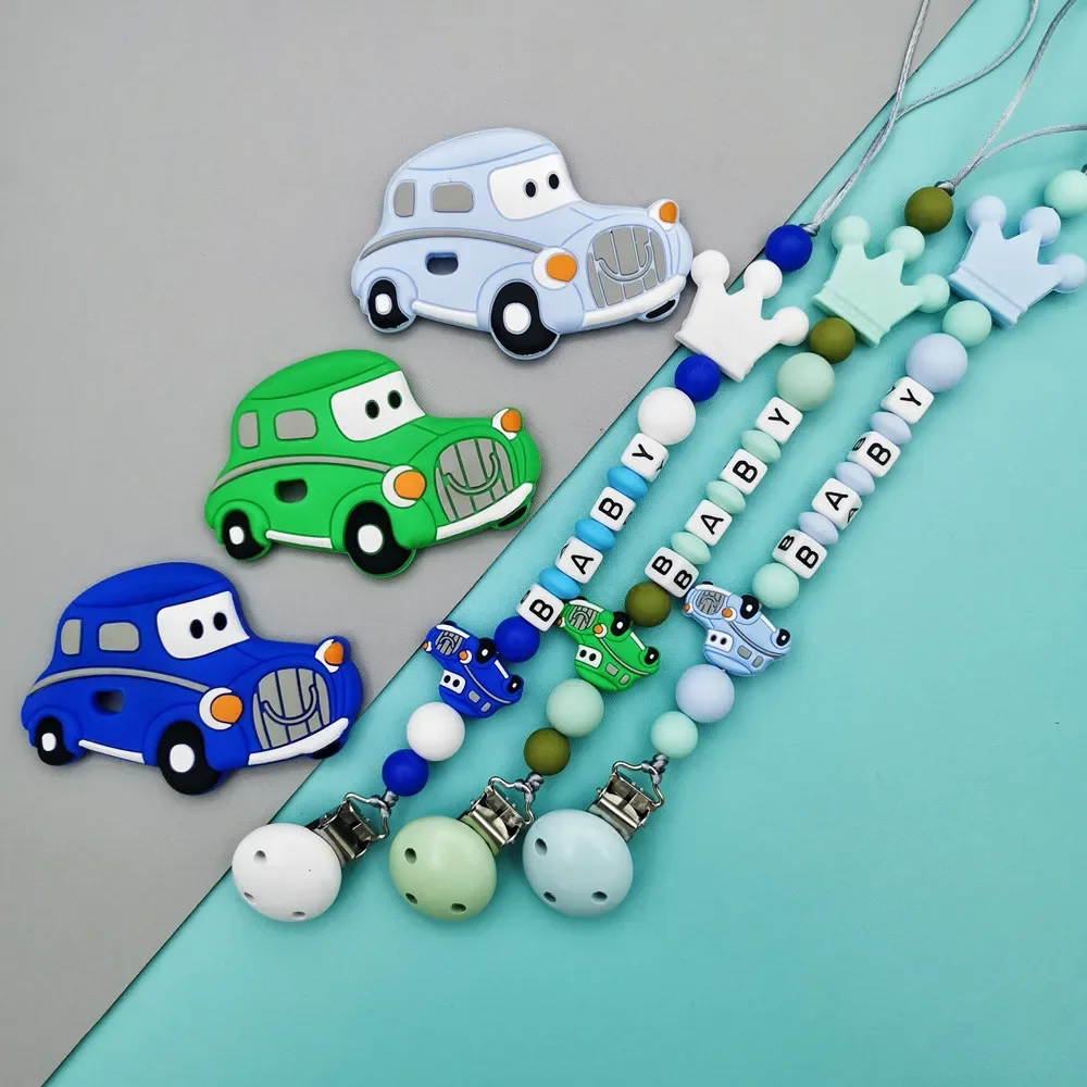 

Custom English Russian Letter Name Silicone classic cars Pacifier Clip Chain Teether Pendant for Baby Pacifier Kawaii Teether