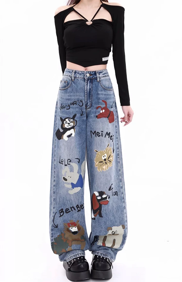 Trend Jeans New Harajuku Hip Hop Retro Jeans Denim Pants For Women Graffiti Cartoon High Waist Straight-Leg Pants Trousers SL111