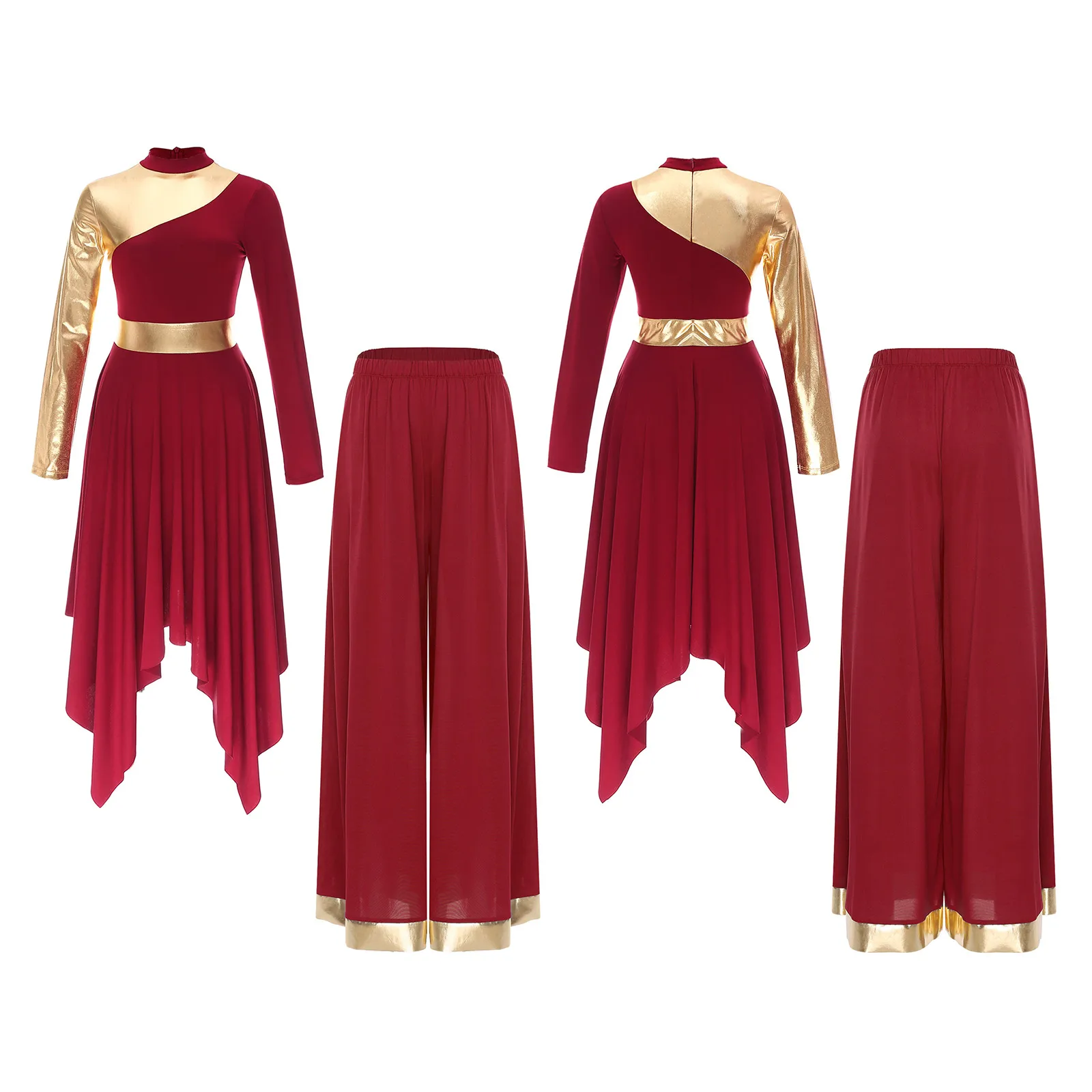 

Womens Lyrical Worship Praise Dance Costumes Contrast Color Dancewear Outfits Long Sleeve Asymmetrical Hem Dress Wide Leg Pant