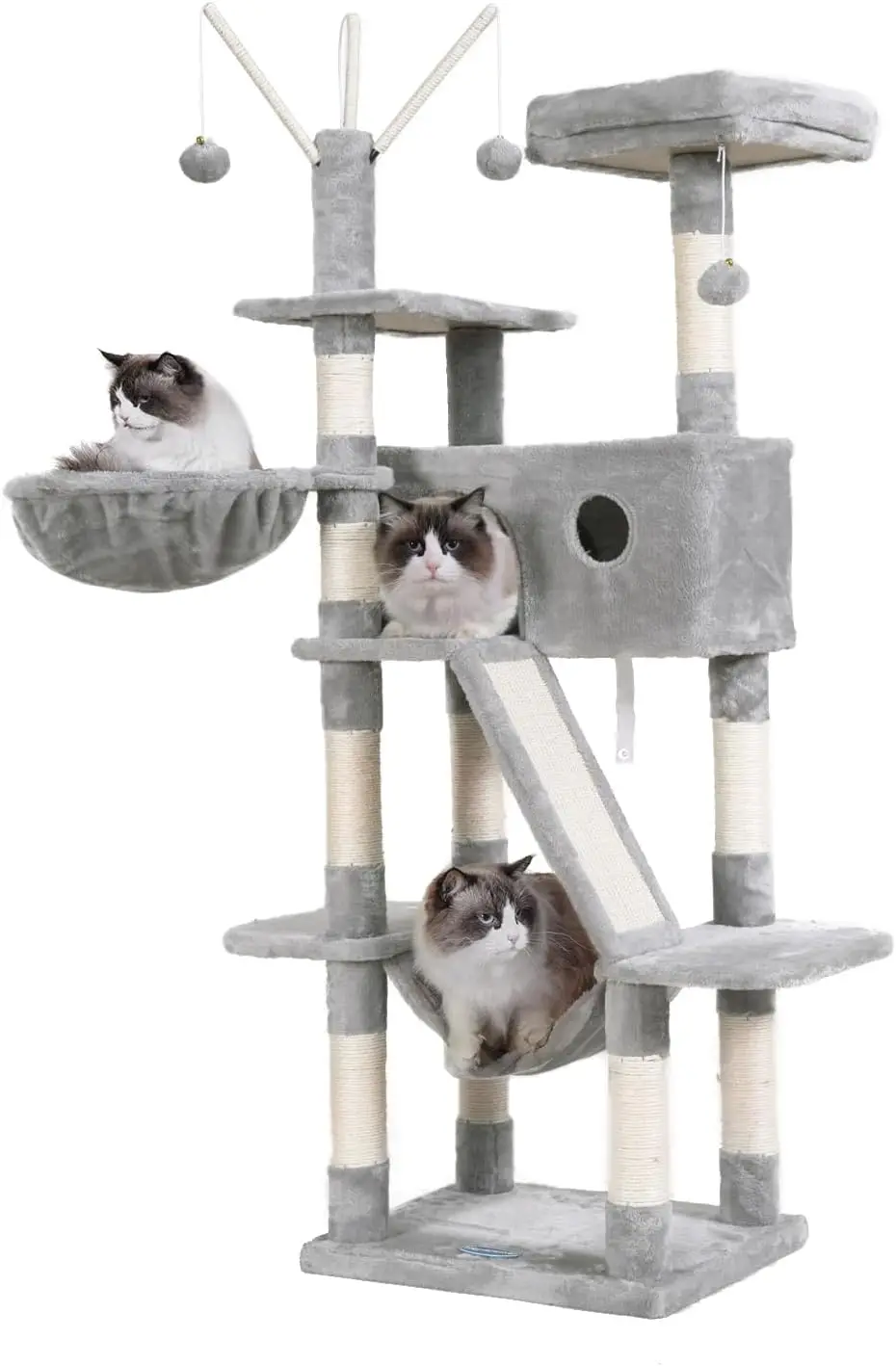 

61" Cat Tower & House with Padded Platform Bed, Toy Balls, Large Cozy Condo Hammocks & Sisal Scratching Posts Light Gray