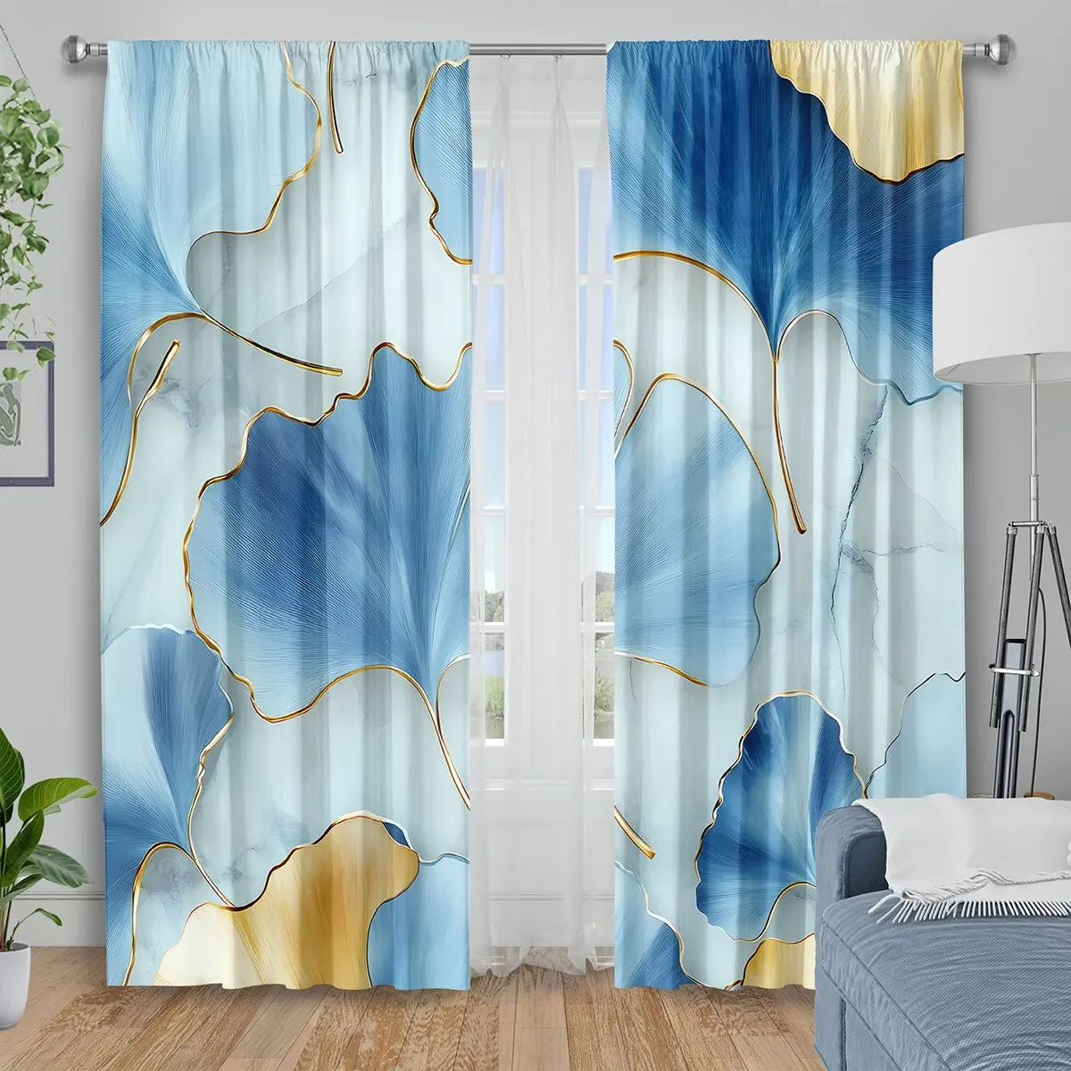 Blue Gold Line Ginkgo Leaf Marble Texture Blackout Rod Pocket Curtain Light Luxury Soft Elegant Bedroom Rest Bay Window