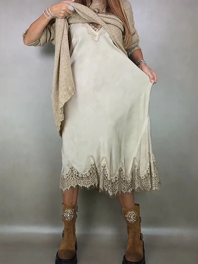 Fashion Backless Solid Color Party Dress Sexy Lace Patchwork Satin Suspender Dress Elegant V-neck Sleeveless Women's Long Dress