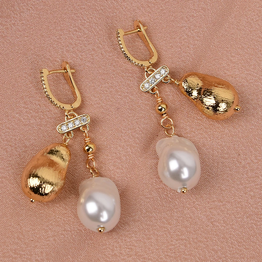 GG Natural White Sea Shell Pearl Baroque Brushed Beads CZ Paved Hook Dangle Earrings