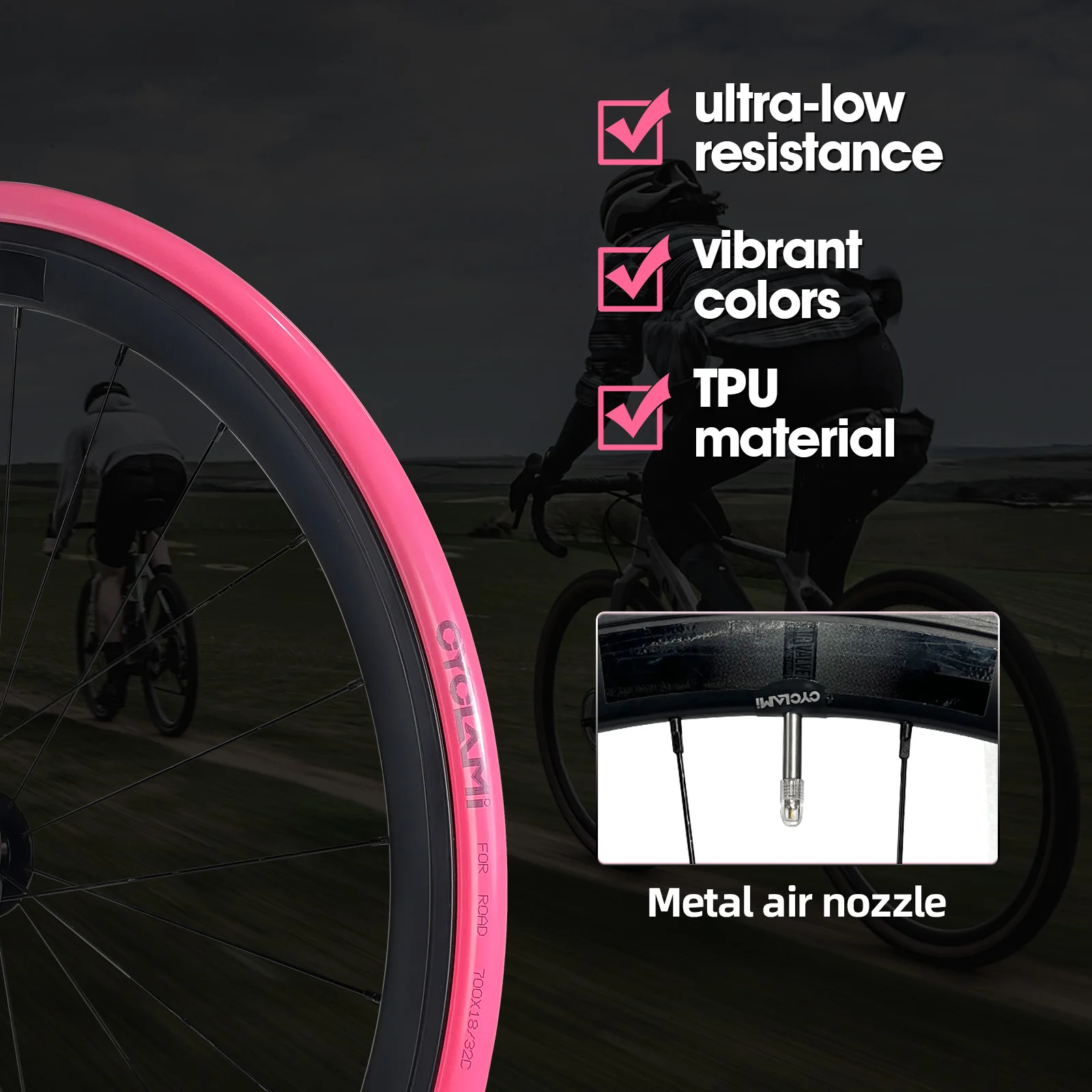 CYCLAMI Fahrradschlauch mit Edelstahl-Presta-French-Ventilschaft TPU für 700C 700 X 18 23 25 28 30 32 Rennradreifen – Detail 6