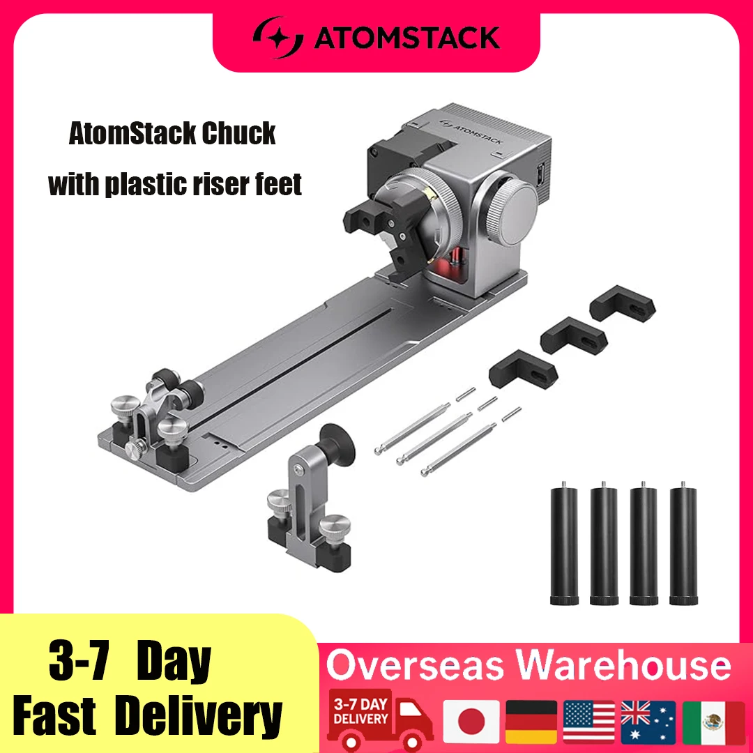 Mandrin rotatif ATOMSTACK R8 avec H5 pour graveur laser, axe rotatif réglable 180° ° Pour rotation sphérique irrégulière 1-80 mm