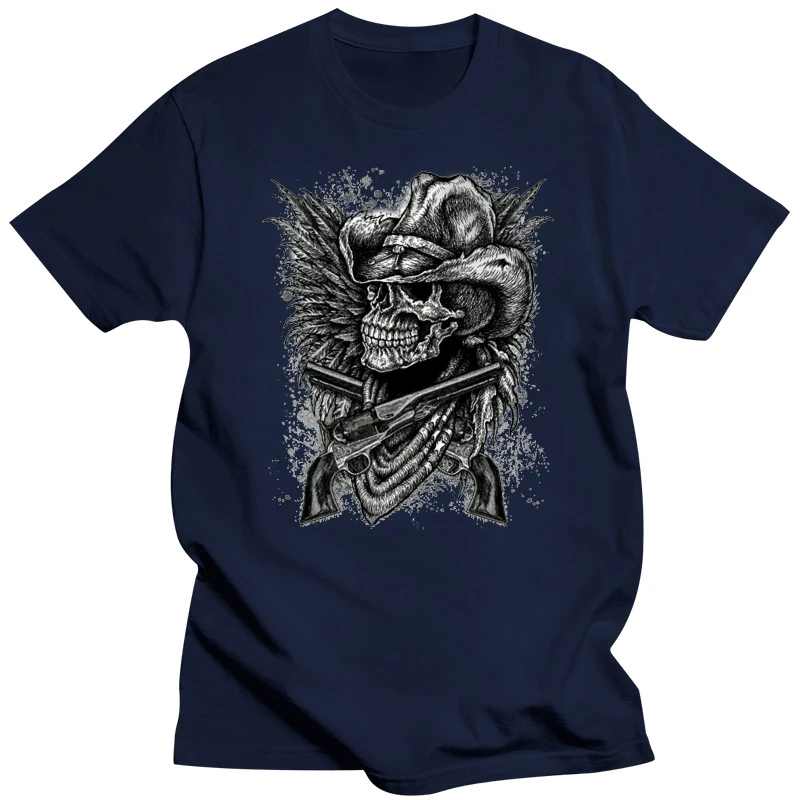 Cowboy Hat Skull Revolvers Guns Biker Tattoo Style Womens T-Shirt Tee