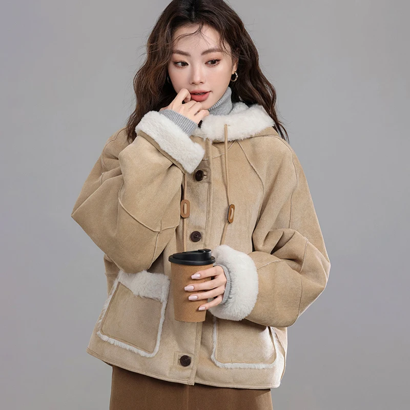 Hooded Lamb Wool Coat Women Vintage Cropped Faux Fur Jacket Korean Patchwork Fluffy Outerwears Winter Long Sleeve Furry Coats