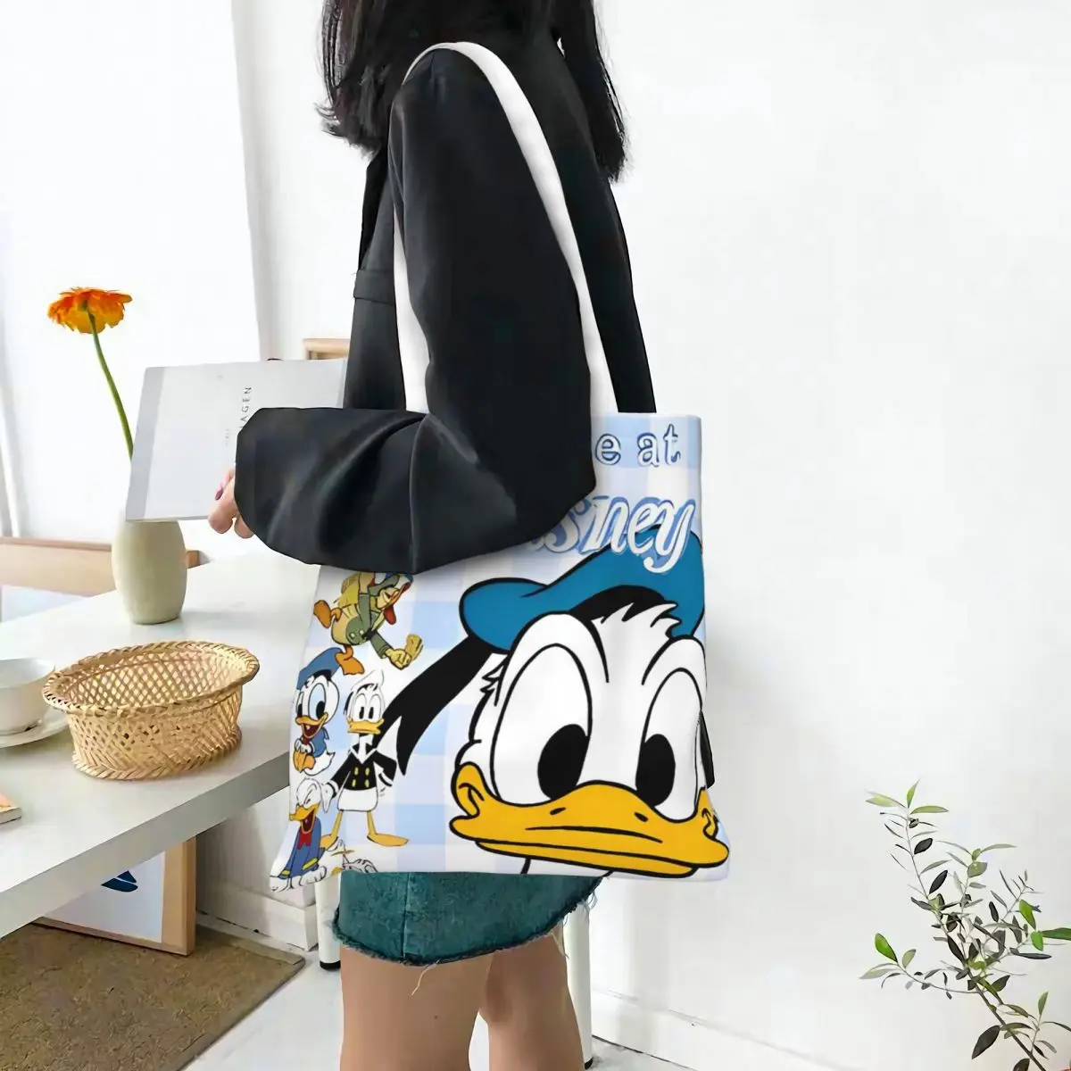 Mickey e amigos sorte pato donald sacolas mulheres bolsa de lona faculdade bolsa de ombro reutilizável saco de compras