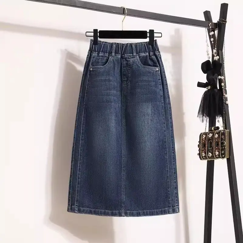 

New Autumn Women's Long Denim Skirts Female Fashion High Elastic Waist Jeans Skirt Ladies Split A-line Pencil Split Skirts Q439