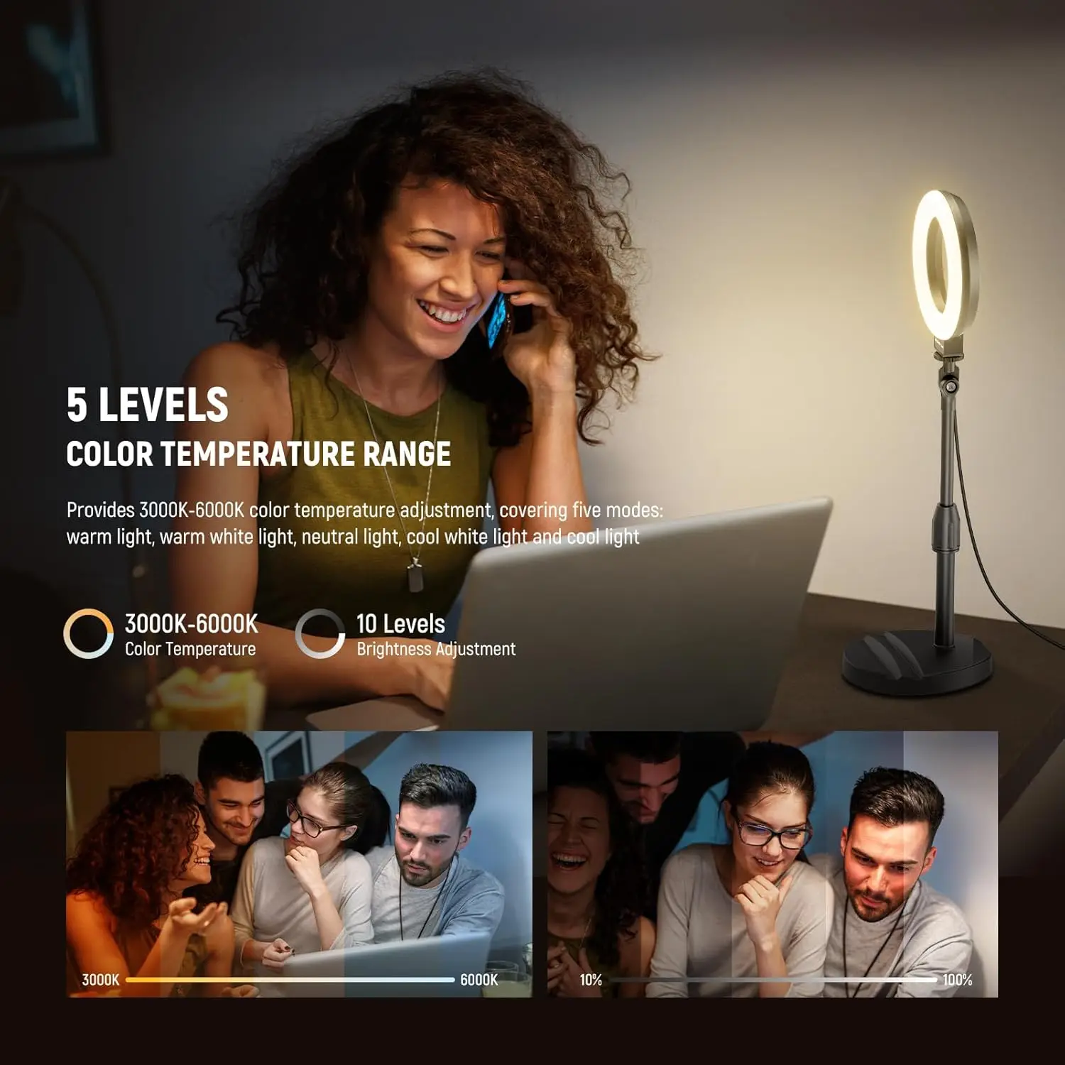 NEEWER Basics 5 "مصباح حلقي مكتبي مع حامل، قاعدة حامل هاتف، مصباح سيلفي LED 10 وات متوافق مع iPhone لتسجيل الفيديو