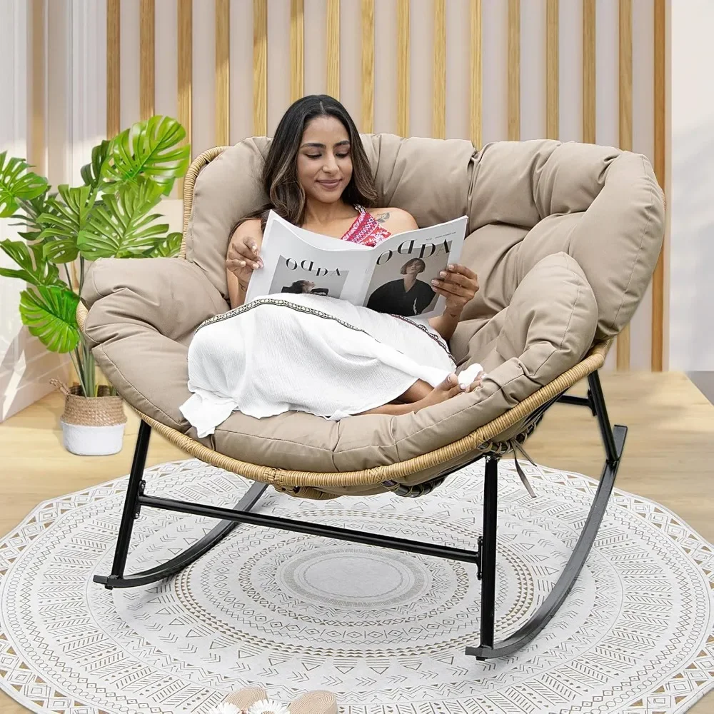 

Outdoor Papasan Rocking Chair with Padded Cushion, Oversized PE Rattan Comfy Royal Rocking Lounge Chair,(1 pc, Brown)