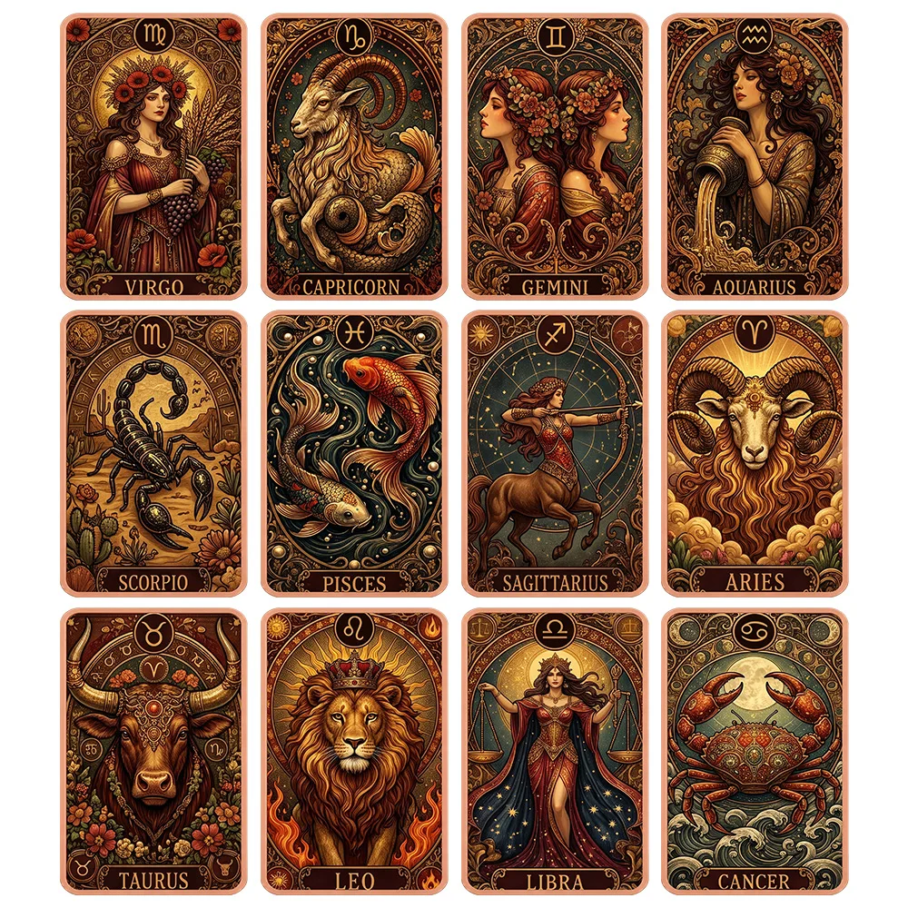 12 Zodiac Signs 1oz 5oz .999 Fine Copper Bar Set Vintage Tarot Style Astrology Horoscope Bullion Ingot Collectible Fortune Gift