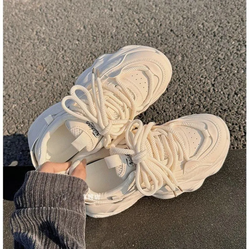 Women Beige Platform Dad Sneakers Mesh PatchworkLace‑Up Casual Shoes Ladies Height‑Increasing Lightweight Daily Walking Footwear