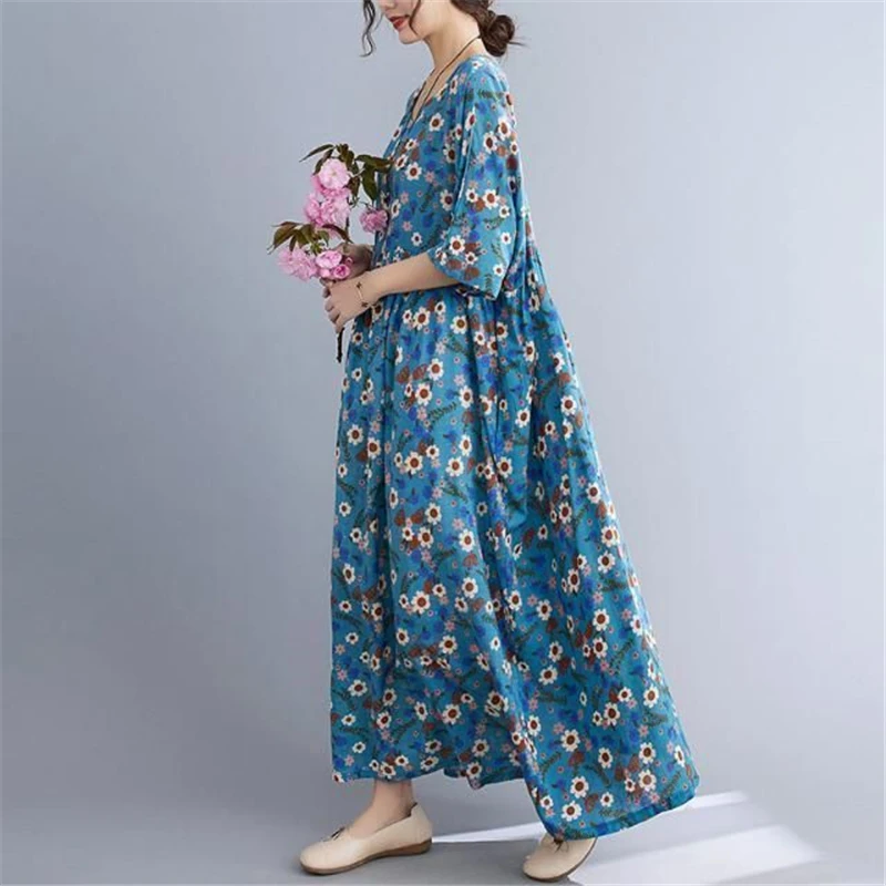 Imagem -03 - Mulheres Impressão Floral Vintage Estilo Étnico Oversized Elegante Vestidos Longos Verão Simples Bolsos Manga Curta Praia Maxi Vestido Robe