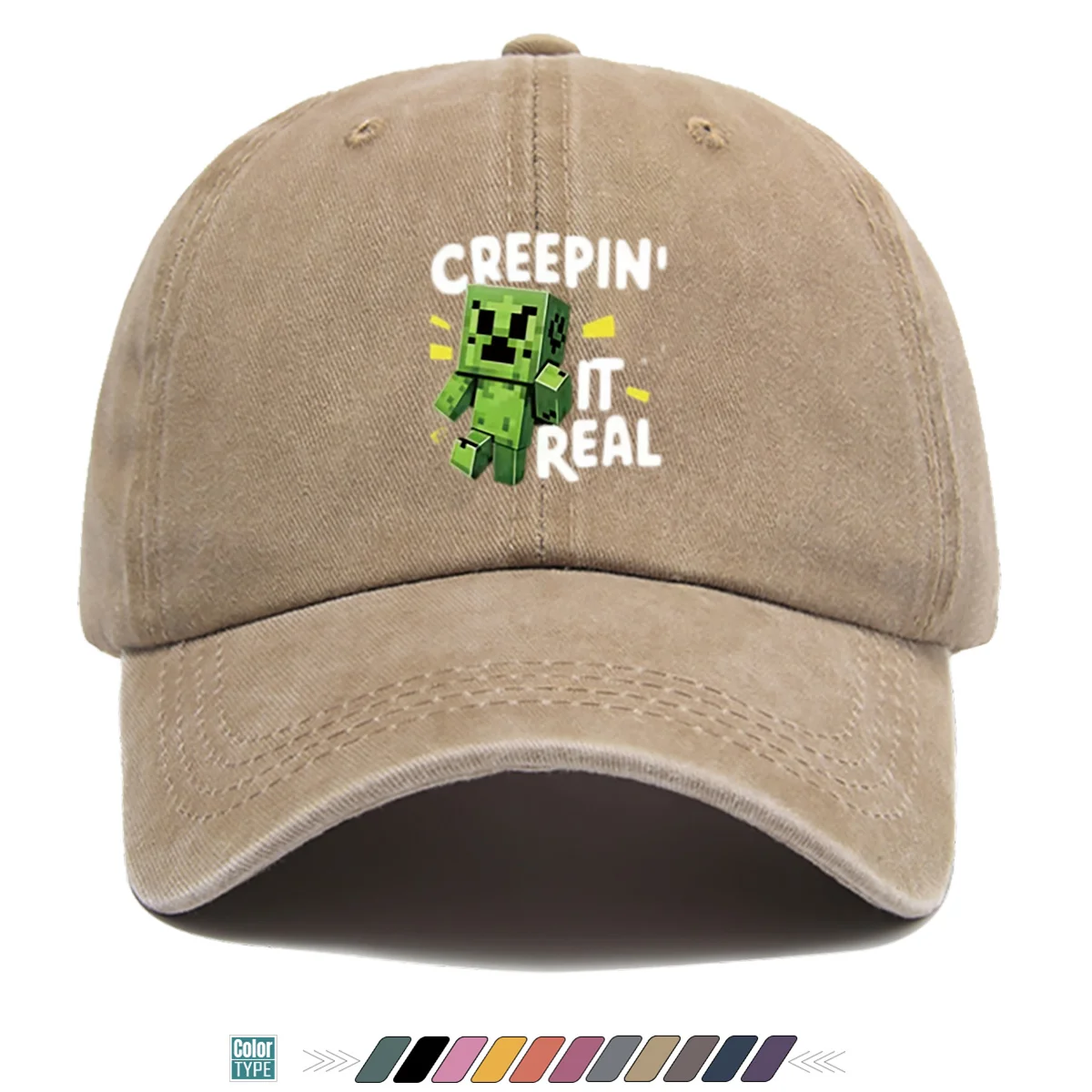 Casquette de baseball à imprimé Creeper, style pixel art créatif, motif de grimpant vert, avec la phrase amusante en anglais « CREEPIN' IT REAL » (1 pièce)