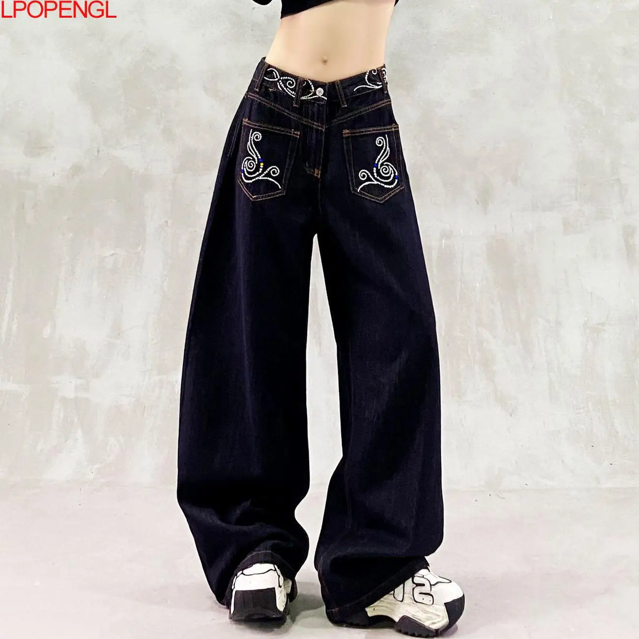 Damskie jeansy w stylu etnicznym z kieszeniami i haftem, sprane na niebiesko, nowy jesienny model, z wysokim stanem, luźne, uniwersalne, proste spodnie z szerokimi nogawkami.