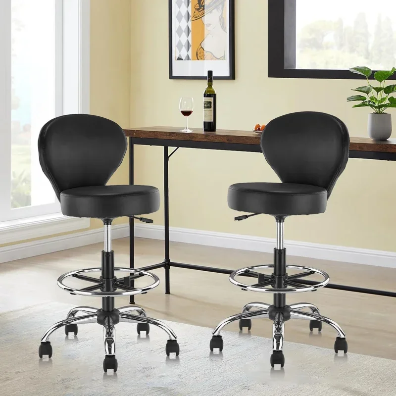 Black PVC Faux Drafting Chair Set of 2 Rolling Swivel Salon Stool with Back Support Foot Rest Adjustable Hydraulic