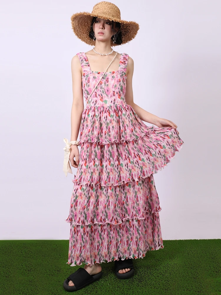 2024 Sommerferien Swing Vestidos elegantes Maxi kleid böhmischen 4-lagigen Rüschen rand rosa Blumen gedruckt Festivals Outfits Frauen