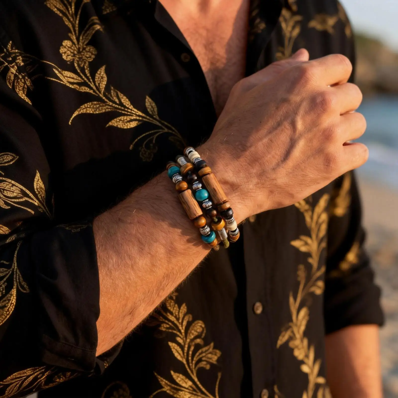 Vintage Wood Beads Leather Necklace for Men,2pcs/Set Multi-layer  Weave Collar Bracelet Jewelry Set Gift - view 3