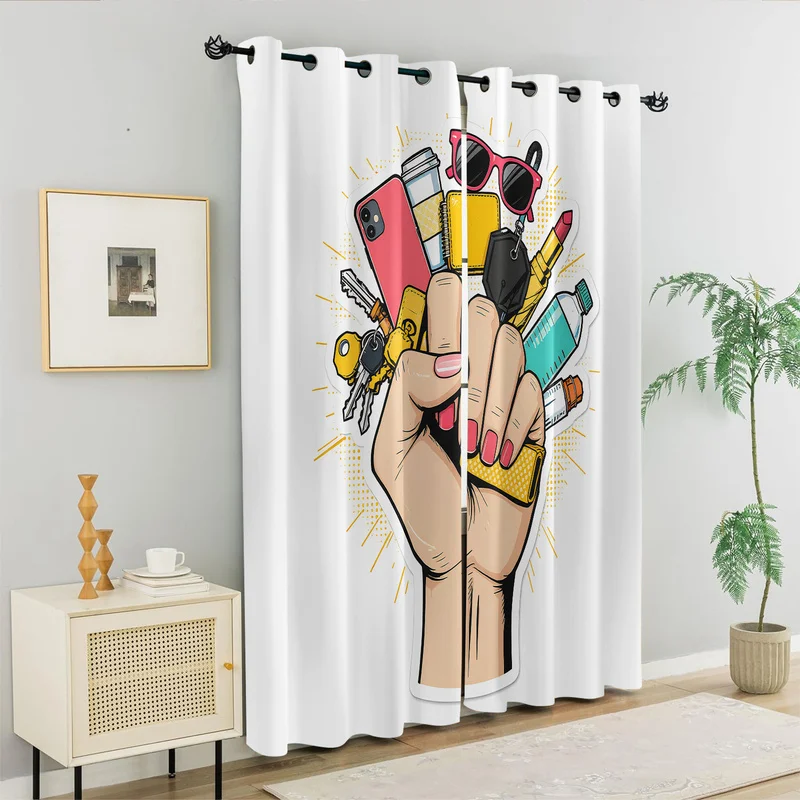 Stylish Urban Carry Essentials Curtain Fashion Hand Holding Print Window Drapes Retro Bedroom Home Decor Curtains Girl Grip Gift