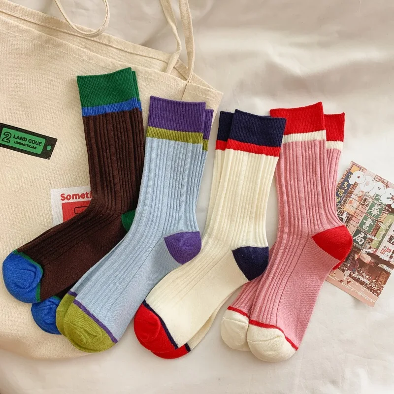 Online Celebrity Color-matched Mid-calf Socks, Trendy Brand, Retro Style, Pink Color, Lightweight Luxury Cotton Socks for Girls
