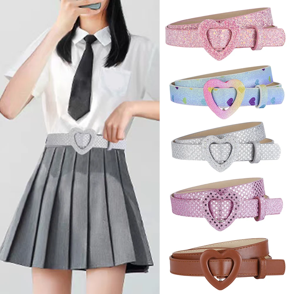 Fashion Women Leather Belts High Quality Metal Love Heart Buckle Thin Waist Belt for Children Best Matching Jeans Belt for Women