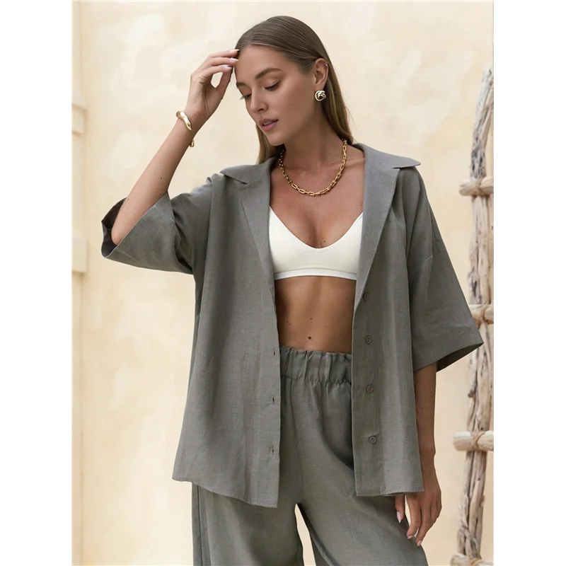 

A83F-Women's 2 Piece Outfits Solid Color Long Sleeve Linen Pants Suit Shirt Wide Leg Tracksuit Casual Straight Pants