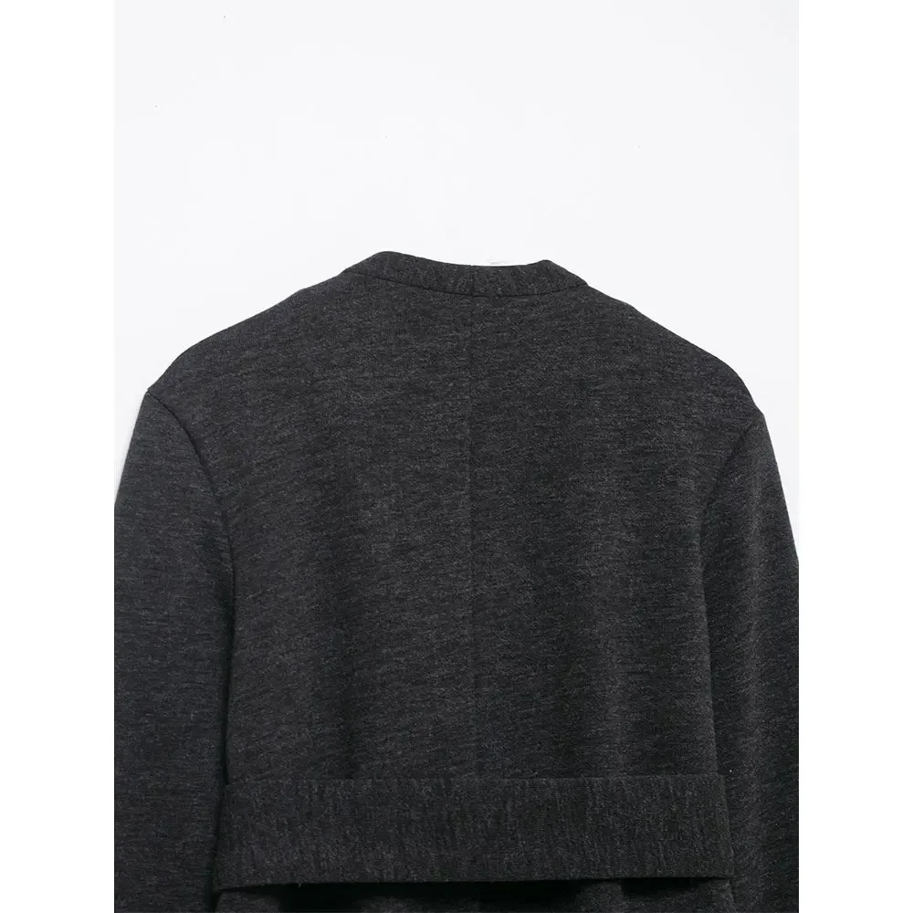 เสื้อแจ็คเก็ตสีดำสไตล์วินเทจสำหรับผู้หญิง พร้อมเข็มขัด คอวี แขนยาว ดีไซน์หรูหรา ทันสมัย