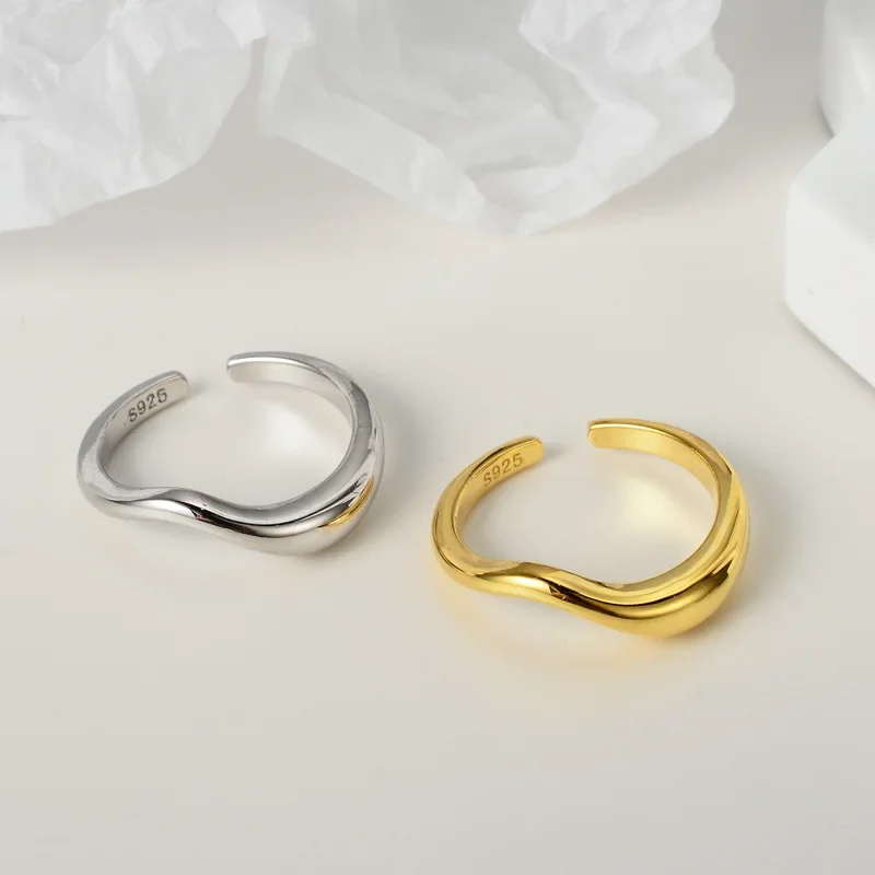 

Youth of Vigor Irregular Wavy Band Solid 925 Sterling Silver Open Ring Abstract Gold Tone Alien Rings R1143