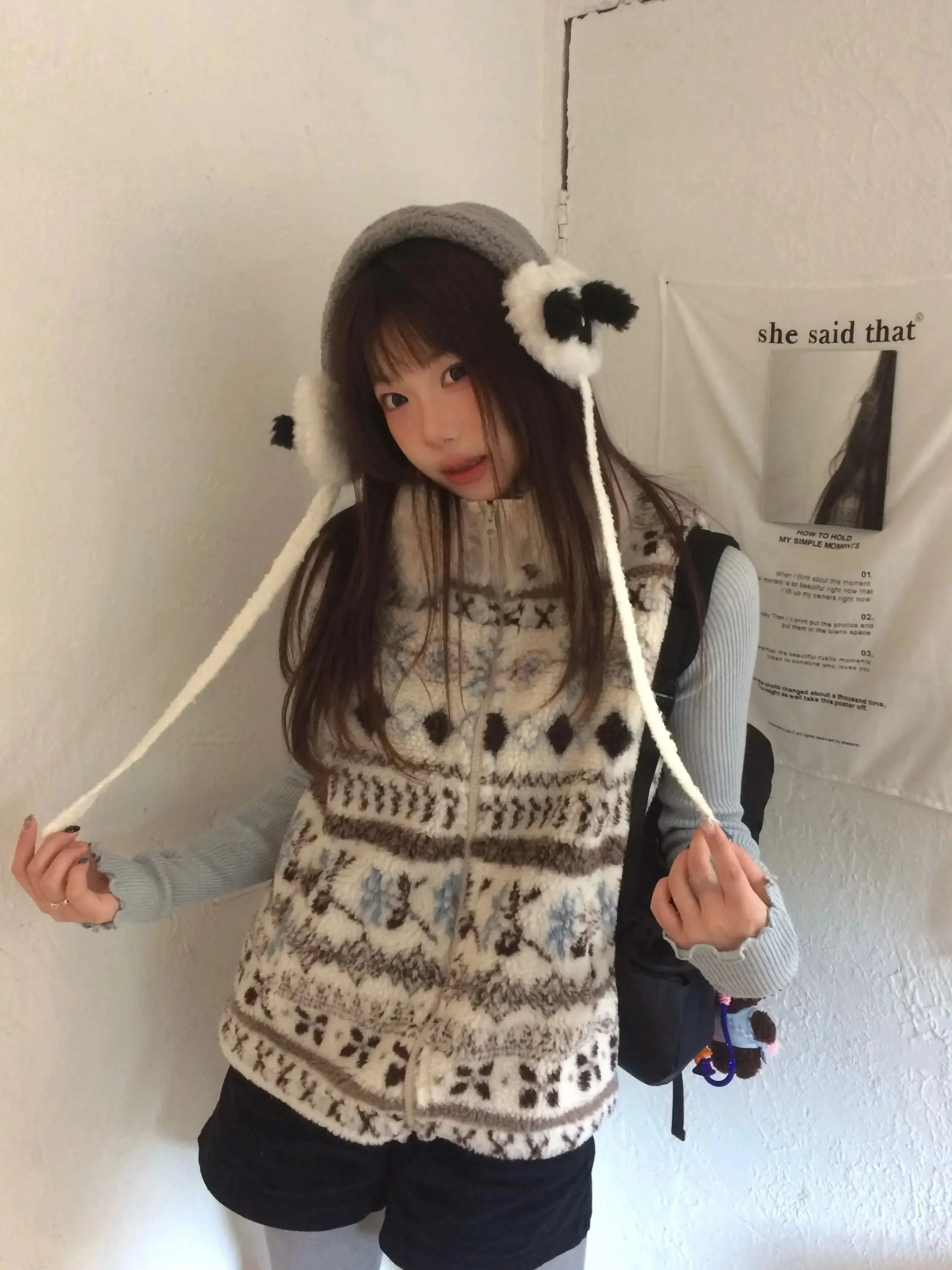 

Japanese Style Women's Autumn Winter Set with Fair Isle Collar Lamb Fur Knitted Vest And Two Piece Ensemble Warm Fashion