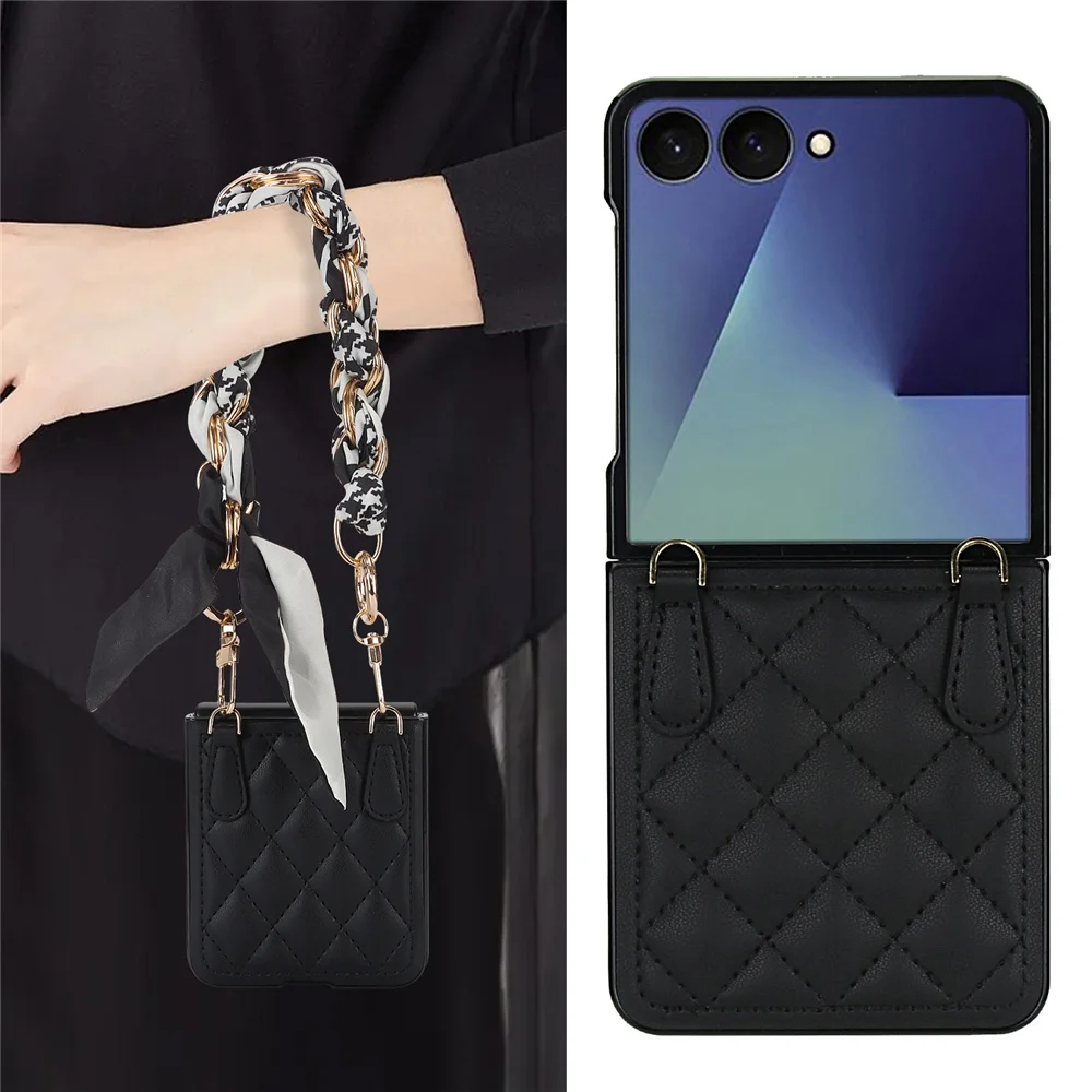 الفاخرة وشاح حريري الحبل الجلود قضية الهاتف لسامسونج غالاكسي Z فليب 7 6 5 43 شيك سلسلة شريط للرسغ شبكة غطاء مقاوم للصدمات