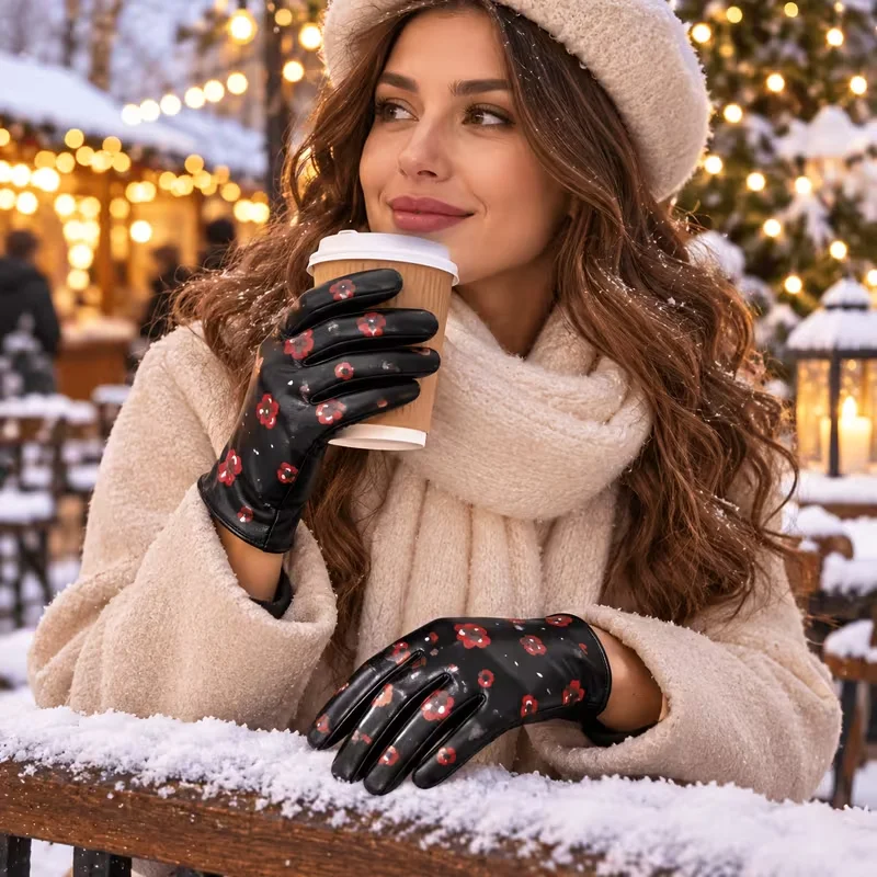New printed PU touchscreen gloves for autumn & winter. Warm decorative gloves, perfect for parties, daily outings and cycling.