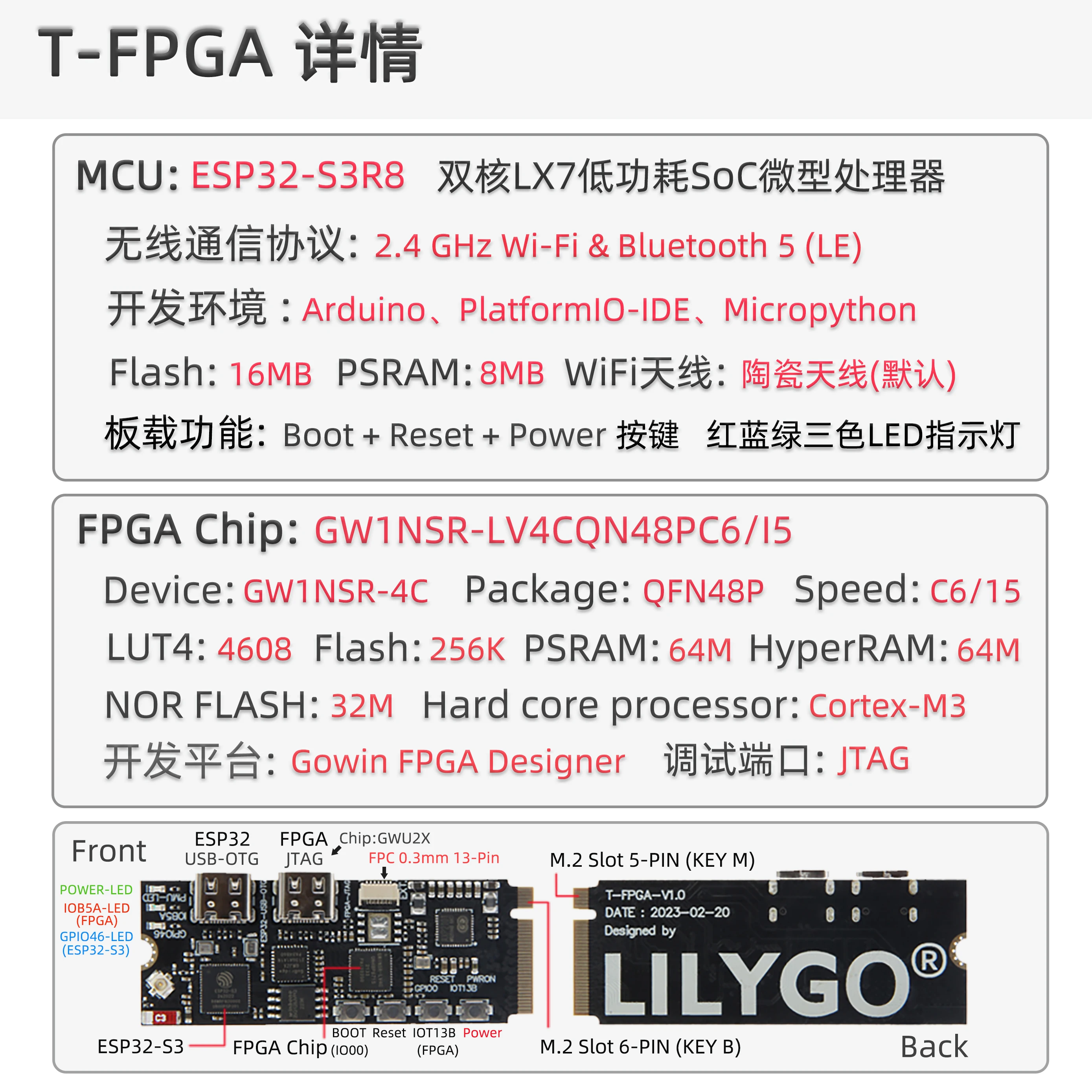 LILYGO® T-FPGA Development Board - ESP32-S3 + GW1NSR FPGA Chip, Low-Power MCU for Advanced Projects