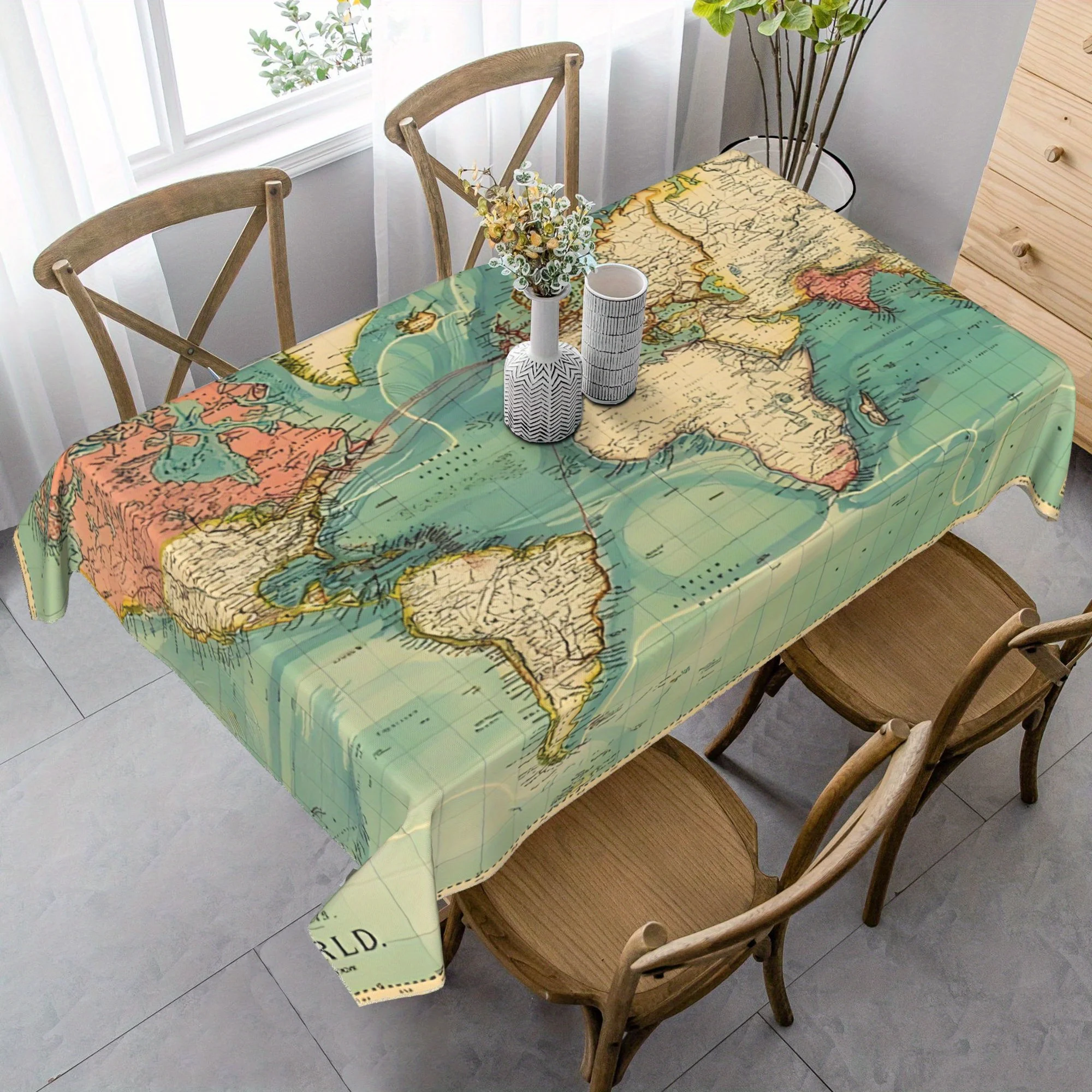 VIKAMA American Retro Waterproof Oil-Proof Tablecloth Literary World Map Restaurant Study Coffee Shop Versatile Ins Style Decor