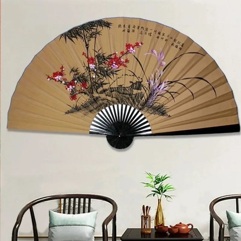 Retro Decoration Fan Chinese Classical Oversized Wall Mount Folding Orchid Fan Living Room Decorative Furnishings Prop Fans