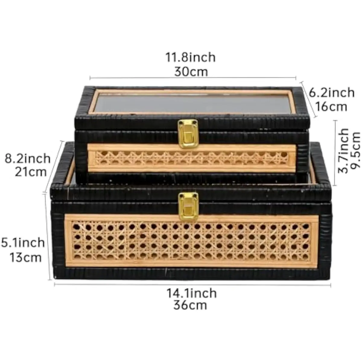 Stylish black rattan storage containers featuring natural wood frames and transparent glass tops—elegant dual-piece set for orga