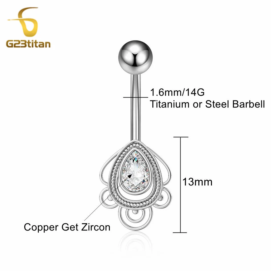 G23titan Zircon Water Drop Belly Button Ring 14G Titanium Curved Barbell Women Sexy Accessories Navel Jewelry Nombril Piercing