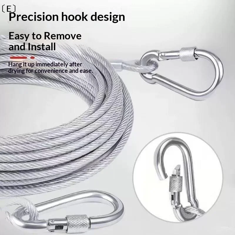 〔E〕Stainless Steel Wire Rope With Carabiner Hooks Heavy Duty Anti Rust Cable For Clothes Drying Pet Traction Outdoor Camping Use